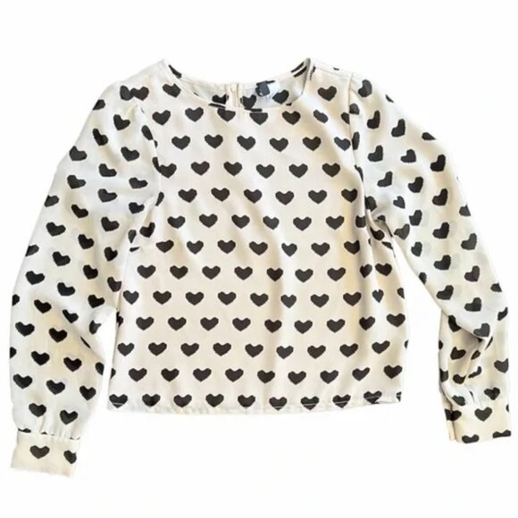 H&M Long Sleeve Cream Blouse with Black Hearts Size 2 - Picture 1 of 4